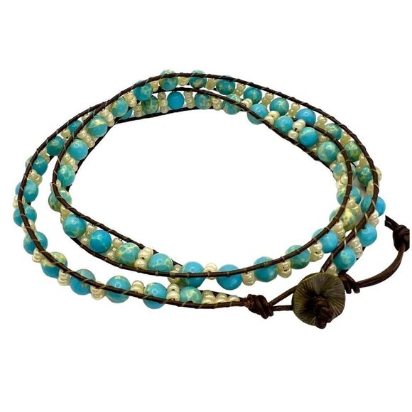 Unbranded Jewelry - Blue Turquoise White Beads Brown Leather Wrap Bracelet 18" Boho